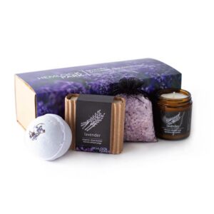 Lavender-themed spa set with soaps and a candle