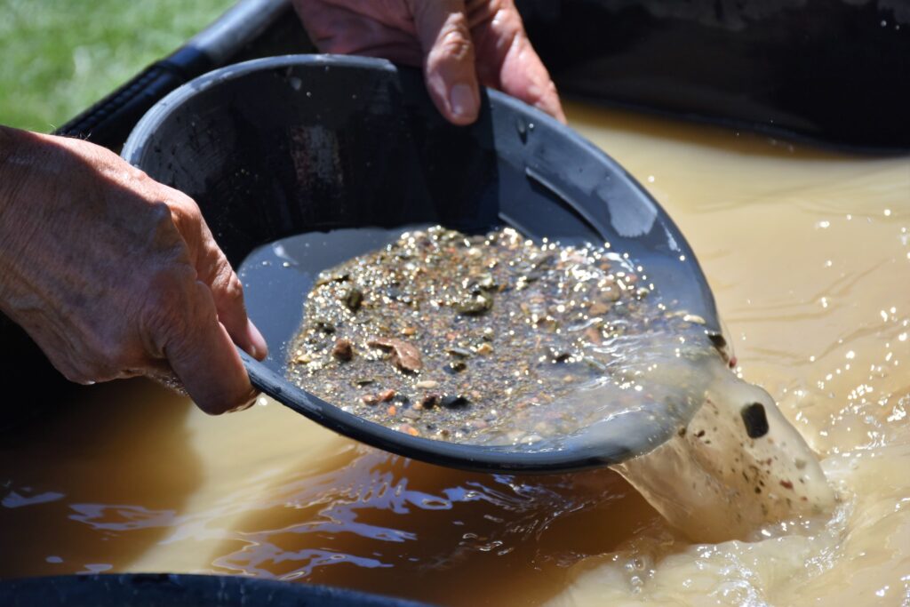 Person pouring water from a gold pan filled with debris
