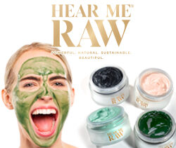 hear me raw product image with woman wearing one of their masks. 