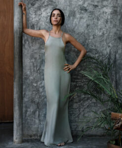 model wearing long grey maxi dress