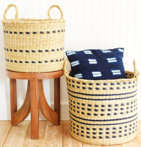 woven baskets and a throw pillow