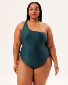 woman wearing green one piece bathing suit
